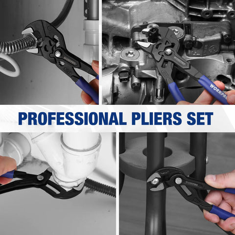Two Piece Pliers Wrench And Groove Joint Pliers Set With Quick Adjustment, CR-V Steel Construction, in use for repairs
