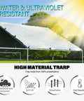 Massive Metal Chicken Coop With Walk In Run And Covered Spire Roof For Backyard Poultry Pen Ideal For Chickens Ducks And Rabbits Approximately Fifteen Feet By Ten Feet By Seven Feet Durable Steel Frame With Lockable Door And PVC Coated Wire Mesh image showing waterproof and UV resistant polyethylene tarp detail