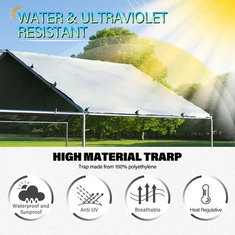 Massive Metal Chicken Coop With Walk In Run And Covered Spire Roof For Backyard Poultry Pen Ideal For Chickens Ducks And Rabbits Approximately Fifteen Feet By Ten Feet By Seven Feet Durable Steel Frame With Lockable Door And PVC Coated Wire Mesh image showing waterproof and UV resistant polyethylene tarp detail