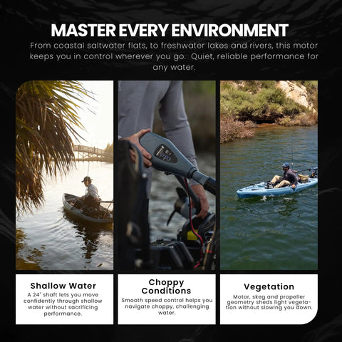 Saltwater Ready Kayak Trolling Motor 36 Lb Thrust Transom Mount with LED Battery Indicator in various kayaking environments