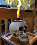Two Pack Skull Tiki Torch Outdoor Patio Decor For Halloween And Gothic Vibes, Epic Fire Display Skull Table Torches