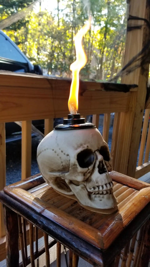 Two Pack Skull Tiki Torch Outdoor Patio Decor For Halloween And Gothic Vibes, Epic Fire Display Skull Table Torches
