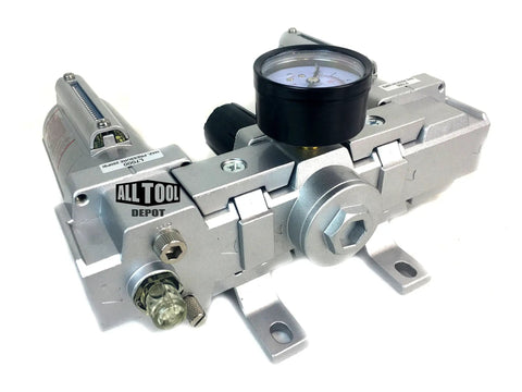 Three Quarter Inch Heavy Duty FRL Air Control Unit With Auto Drain And Lubricator 140 CFM Flow 250 PSI shown with gauge and fittings