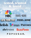 Background image with text 'tested, trusted & loved' and logos of NBC, New York Post, BuzzFeed, and others on icy landscape.