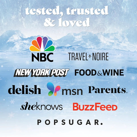 Background image with text 'tested, trusted & loved' and logos of NBC, New York Post, BuzzFeed, and others on icy landscape.