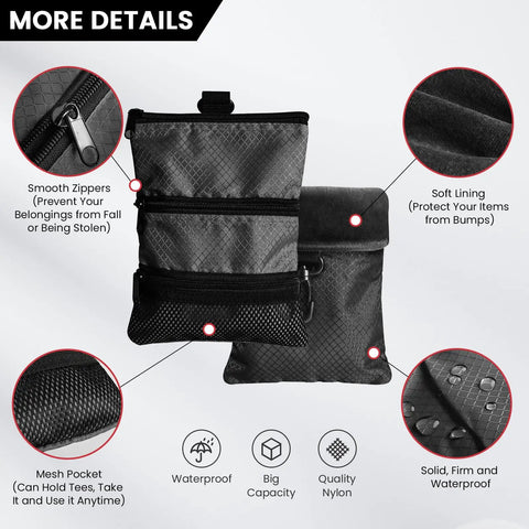 Golf Bag Organizer Pouch With 3 Zip Pockets And Sturdy Hook Multi Pocket Design for storing balls, accessories, close-up details