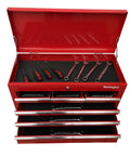 Beefy Portable Metal Tool Chest With Six Drawers, 24 Inch Tool Cabinet, ball bearing slides, red steel storage, open drawers with tools