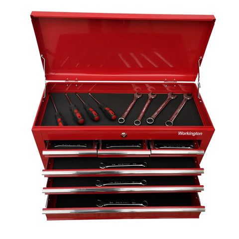 Beefy Portable Metal Tool Chest With Six Drawers, 24 Inch Tool Cabinet, ball bearing slides, red steel storage, open drawers with tools