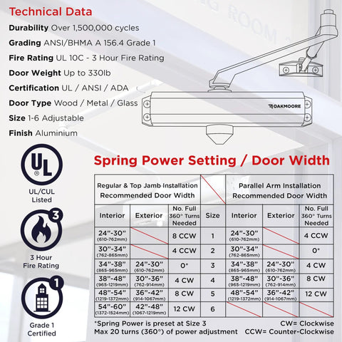 Heavy Duty Commercial Door Closer Automatic Self Closing Hinges technical specifications, showing durability, weight, and materials.