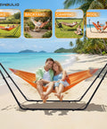 Couple sitting in Heavy Duty Double Hammock Stand With 450 Pound Capacity Fits 9.5 To 14 Feet Hammocks on a beach