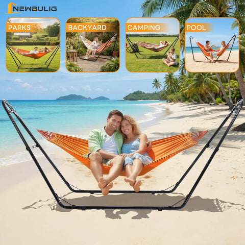Couple sitting in Heavy Duty Double Hammock Stand With 450 Pound Capacity Fits 9.5 To 14 Feet Hammocks on a beach
