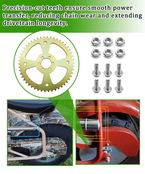 60T 6 Hole Sprocket For 420 Chain Heavy Duty Rear Gear Fits 40 And 41 Chain Sizes For Mini Bikes Includes Six Mounting Screws Compatible With CT100U CC100X DB30 MBX10 MMB80 Mega Moto And More, sprocket and screws, with detail images on bike