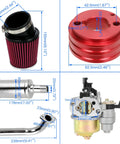 Stage 2 Beefed Up Carburetor Exhaust Muffler Kit For Predator 212cc showing air filter, muffler, carburetor, and exhaust pipe with dimensions