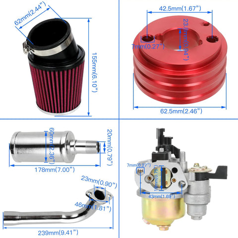 Stage 2 Beefed Up Carburetor Exhaust Muffler Kit For Predator 212cc showing air filter, muffler, carburetor, and exhaust pipe with dimensions