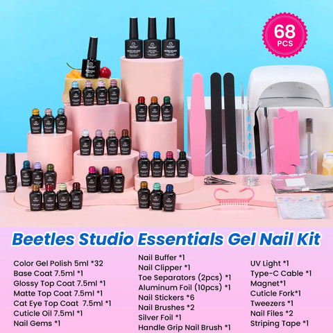 68-piece gel nail polish kit with UV light, 32 color gels, nail tools, and top coats on display with a nail lamp and accessories