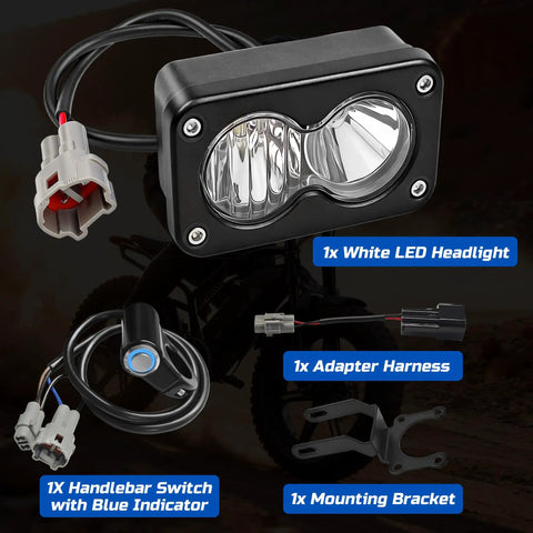 Upgraded Headlight Kit For Sur Ron Segway X260 And Talaria Sting R MX4 With Plug And Play Installation components displayed