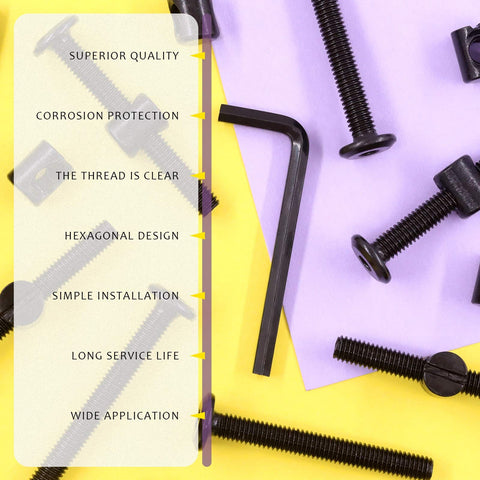 Black M6x50mm Crib Hardware Screws with Barrel Nuts and Allen Wrench Pack of 25 for Furniture Cots Highlighted Features