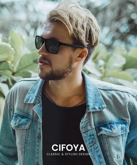 Man wearing Polarized Square Sunglasses For Men And Women, UV Protection, Classic Black Frame For Fishing Driving Golf.