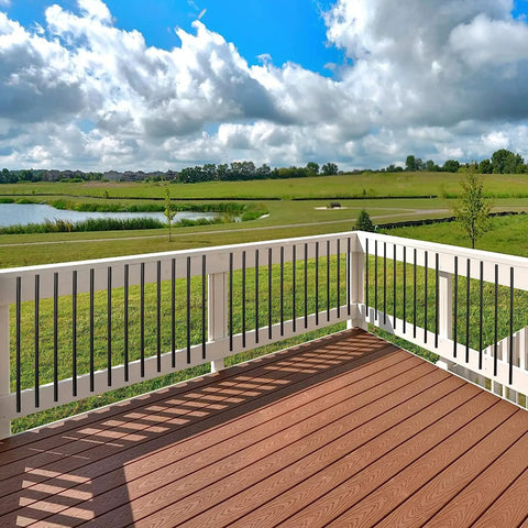 Outdoor deck with Durable Iron Deck Balusters 32.25 Inch Black Spindles, 26 Pack With Screws For Outdoor Deck Stairs And Porch Railing.