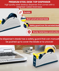 Rugged Pro-Grade Industrial Steel Desktop Tape Dispenser For One Inch Tape Up To Three Inches Wide With A Three Inch Core