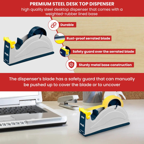 Rugged Pro-Grade Industrial Steel Desktop Tape Dispenser For One Inch Tape Up To Three Inches Wide With A Three Inch Core