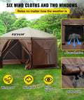 Front view of Six Sided 12x12 Pop Up Canopy Shelter with Mesh Windows in brown, installed on grass, showing wind cloths and windows.