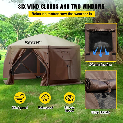 Front view of Six Sided 12x12 Pop Up Canopy Shelter with Mesh Windows in brown, installed on grass, showing wind cloths and windows.