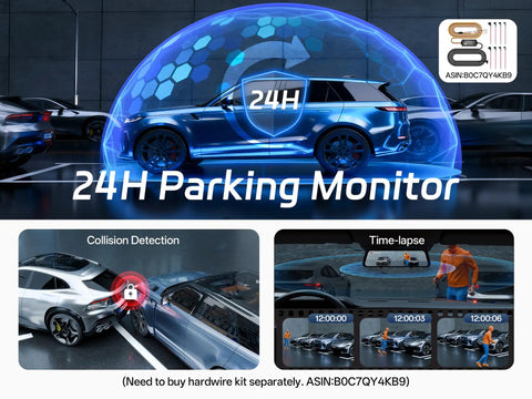 24-hour parking monitor illustration with collision detection and time-lapse feature, highlighting dash cam capabilities.