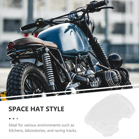 50 Pack White Disposable Nonwoven Space Hood Caps For Snagging Hair Tight And Keeping Kitchens Spotless Straight Up Durable Gear on a motorcycle background.