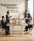 Office setting with two Electric Standing Desk With Two Drawers Sit To Stand Height Adjustable Computer Desk With Storage Shelf 47 By 24 Inch Oak Finish For Home Office Ergonomic Workstation Built For Focus And Flow, people collaborating