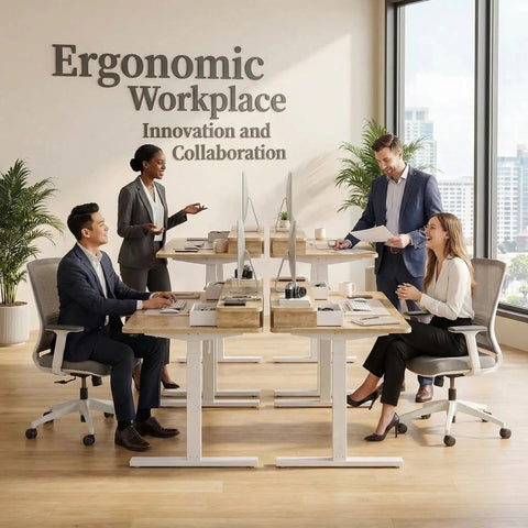 Office setting with two Electric Standing Desk With Two Drawers Sit To Stand Height Adjustable Computer Desk With Storage Shelf 47 By 24 Inch Oak Finish For Home Office Ergonomic Workstation Built For Focus And Flow, people collaborating