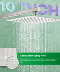 10 Inch Rainfall Shower Head and Wall Mounted Handle Set in Brushed Nickel Solid Brass Pressure Balancing Shower Mixer Valve Complete Shower System for Spa Like Showers No Fuss Install, water flowing close-up.