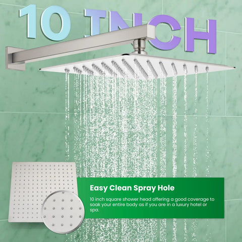 10 Inch Rainfall Shower Head and Wall Mounted Handle Set in Brushed Nickel Solid Brass Pressure Balancing Shower Mixer Valve Complete Shower System for Spa Like Showers No Fuss Install, water flowing close-up.