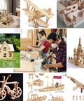 Collage of 18-pack unfinished basswood sheets and wooden crafts for DIY models.