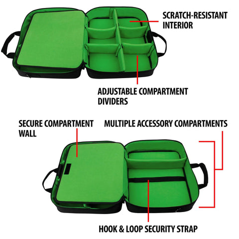 Open Grab And Go Console Carrying Case For Xbox with adjustable green compartments and security straps, showcasing organization features.