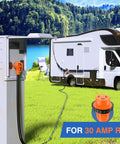 Beefy 30 Amp RV Locking Extension Cord 25 Ft 125V 10 Gauge Pure Copper STW Wire ETL Listed Weatherproof TT-30P L5-30R connected to camper
