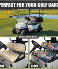 Tropical Flower Golf Cart Seat Cover Set Front And Rear With Breathable Fabric And Split Backrest for Yamaha and Club Car shown on cart before and after installation