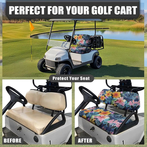 Tropical Flower Golf Cart Seat Cover Set Front And Rear With Breathable Fabric And Split Backrest for Yamaha and Club Car shown on cart before and after installation