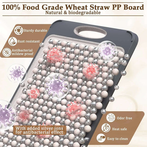 Close-up of 100% food-grade wheat straw PP board with antibacterial properties and added silver ions for kitchen use.