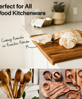 Sliced bread on wood cutting board, wooden utensils, showcasing Food Grade Mineral Oil For Wood Cutting Boards, Countertops, And Butcher Blocks, Odorless And Tasteless Lubricant That Prevents Drying And Cracking, Safe On Marble And Soapstone, Keeps Surfaces Smooth And Ready To Use.