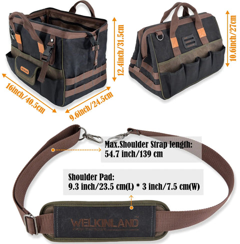 32 Pocket Waxed Canvas Tool Bag With Heavy Duty Build For Electricians And HVAC Pros, 16 Inch Tool Carrier, adjustable strap