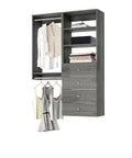 Fully Assembled Grey Closet Organizer Kit With Double Hanging Rods, Shelves, And Drawers As A 54 Inch Corner Unit with clothing and storage.