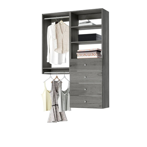 Fully Assembled Grey Closet Organizer Kit With Double Hanging Rods, Shelves, And Drawers As A 54 Inch Corner Unit with clothing and storage.
