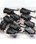 V-156-1C25 Micro Limit Switch with short hinge lever shown in a plastic pack of 10 for circuit protection and control