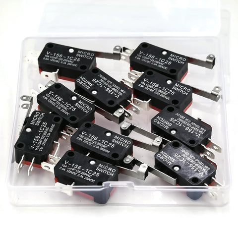 V-156-1C25 Micro Limit Switch with short hinge lever shown in a plastic pack of 10 for circuit protection and control