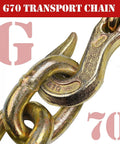 Close-up of Grade 70 transport chain with clevis grab hooks, yellow zinc plated, part of the 3/8 inch by 20 foot 4 pack