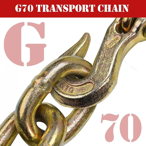Close-up of Grade 70 transport chain with clevis grab hooks, yellow zinc plated, part of the 3/8 inch by 20 foot 4 pack