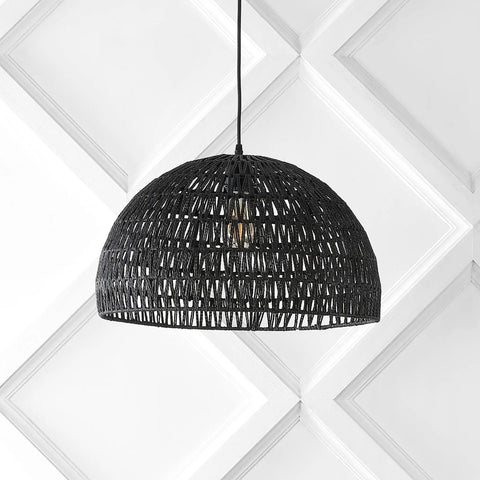 20 Inch Black Modern Bohemian Woven Rope LED Pendant Light Fixture With Adjustable Dome Ceiling Lamp For Kitchen Island Rope Shade Dope Coastal Farmhouse Decor