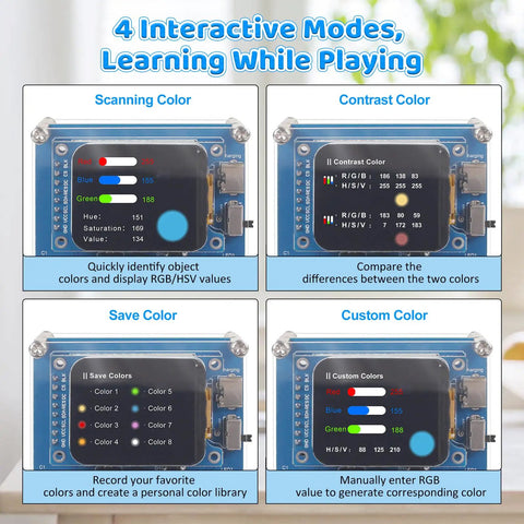 DIY Color Recognition Soldering Project Kit With TCS34725 Sensor Lets You Build A Real Time Color Detector That Displays RGB Values Brightness Hue And Saturation On A 1.69 Inch Screen on blue PCB