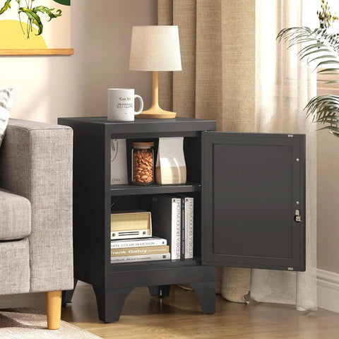 Tough As Nails Cold Rolled Steel Locker Nightstand With Secure Key Lock And Heavy Duty Build For Bedroom Dorm Room Storage Or Home Office Organization Table beside a sofa.